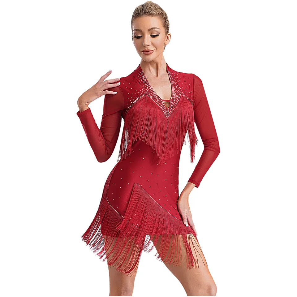 Ženské latinské tanečné šaty kamienky kamienky Tassel Fringe Ballroom Salsa Tango Dance Národná štandardná súťažná prax Kostýmy