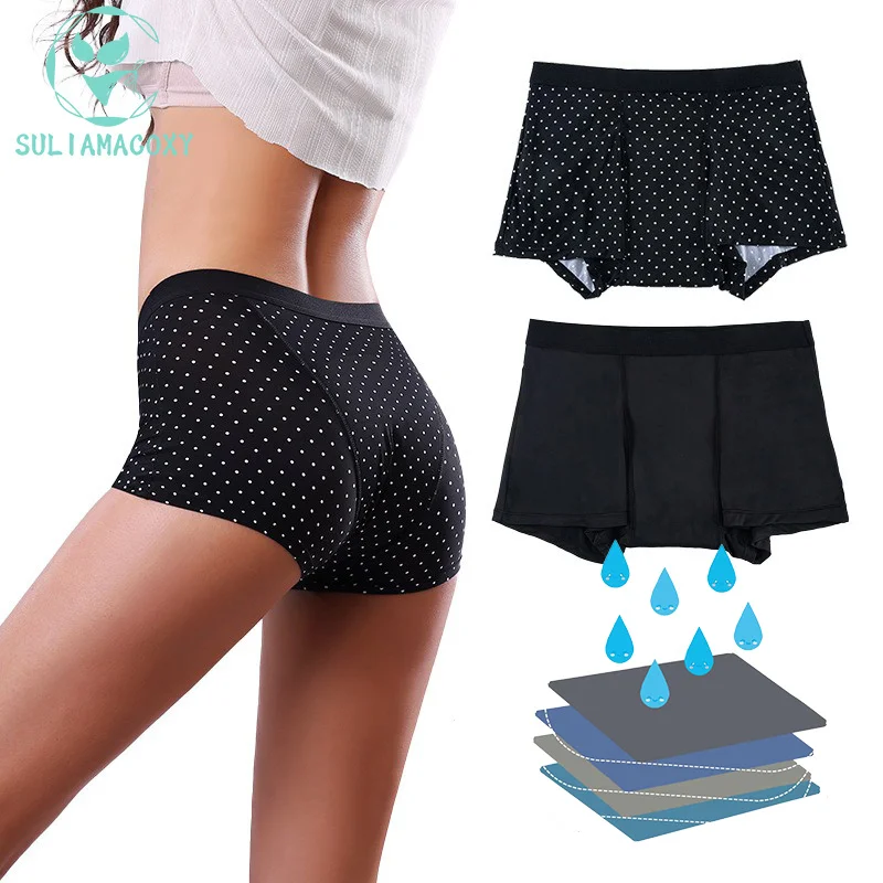 Ženské polka dot obdobie nohavičiek štvorvrstvové úniky plavky Menštruačný boxer šortky super pružné rýchlo suché nylon