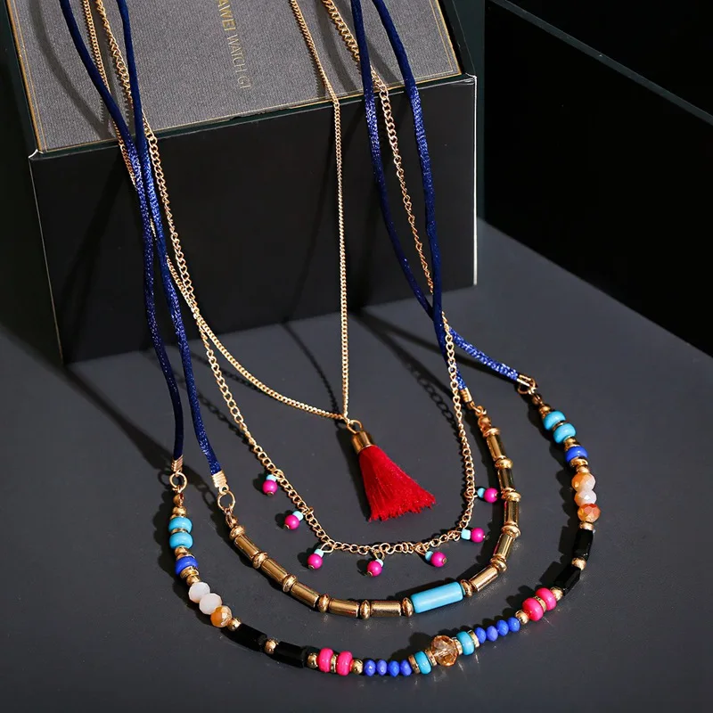 Ženské české boho korálky Tassel Vyhlásenie Náhrdelník viacvrstvová tkaná dlhé prívesky