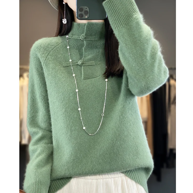 Ženy 100% merino vlnené pletené základný sveter Polovičný golier pullover