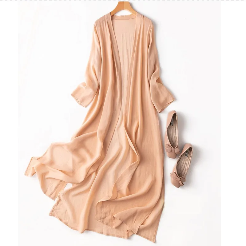 Ženy 100% prírodné hodvábne viac farieb tenký typ dlhý top kimono kardiganový šál kabát 2022 blúzka Summer Beach Cover UP 8177
