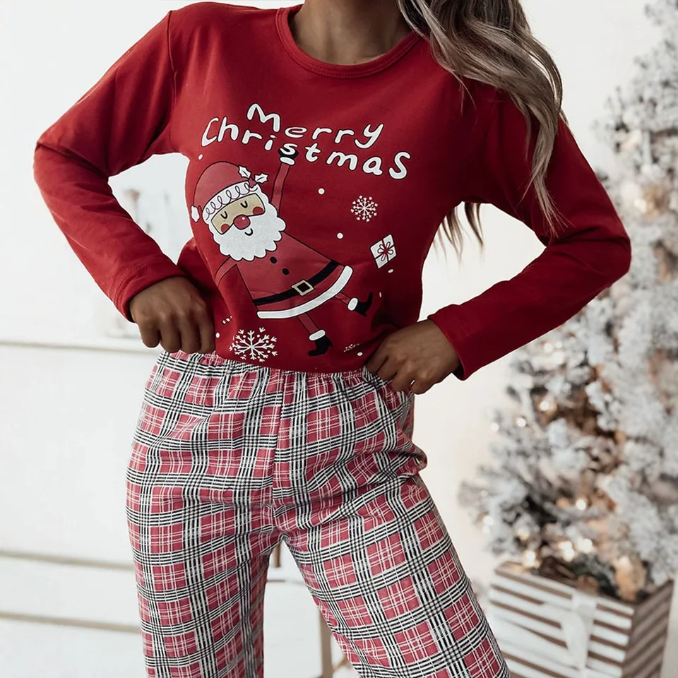 Ženy 2 kus veselé vianočné karikatúra Santa Claus Plaid Plaid Crewneck Pullover Top High Apar Pants Pajama Set