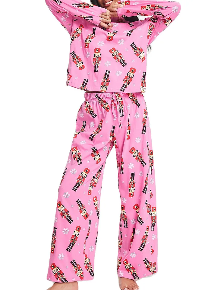 Ženy 2 kusové ružové pyžamy set Luskáčik Tlač s dlhým rukávom Crewneck Tops Tops Lounge pyžamové nohavice PJ Sleewear Nightwear