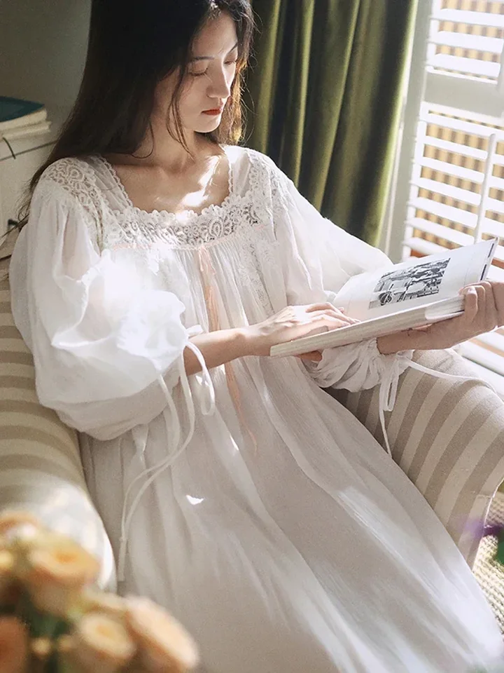 Ženy 2024 Pure Cotton Fairy Pajama Nightdress Vintage Princess Loose Long Ruckve Jar