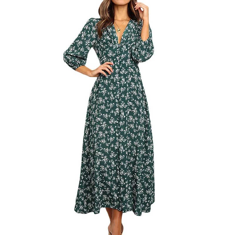Ženy 3/4 rukávy Vintage dlhé šaty Večerné večierok Jeseň oblečenie Chic a elegantné gombíky kvetinové vysoké pás boho šaty streetwear