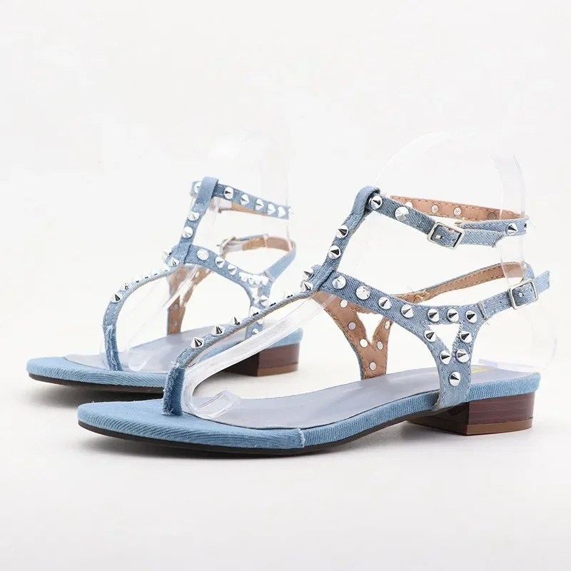Ženy 3,5 cm vysoké podpätky Gladiátor Núchovky Sandále sandále Hrotded Cross Square Square Nízke podpätky Denim Blue Sandles Summer dáma sexy topánky
