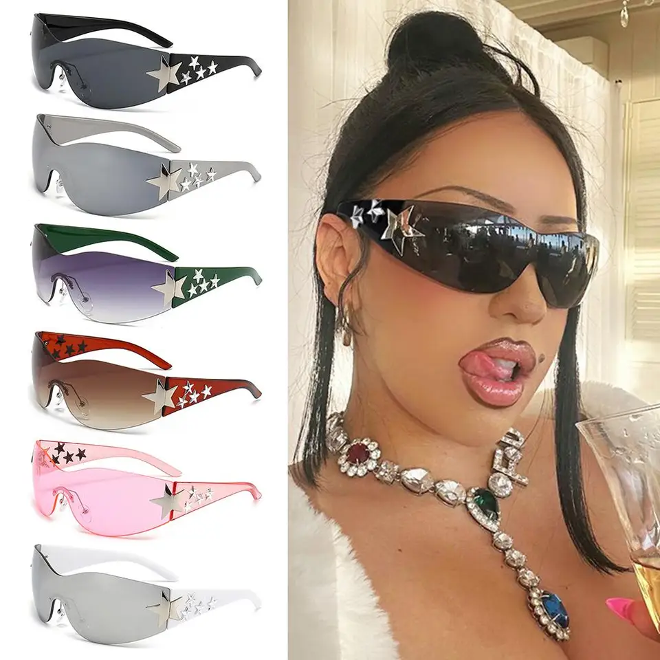 Ženy a muži módne odtiene UV400 Ochrana Čierne slnečné okuliare Slnečné okuliare Rimless Y2K Slnečné okuliare Obal okolo hviezd Decor