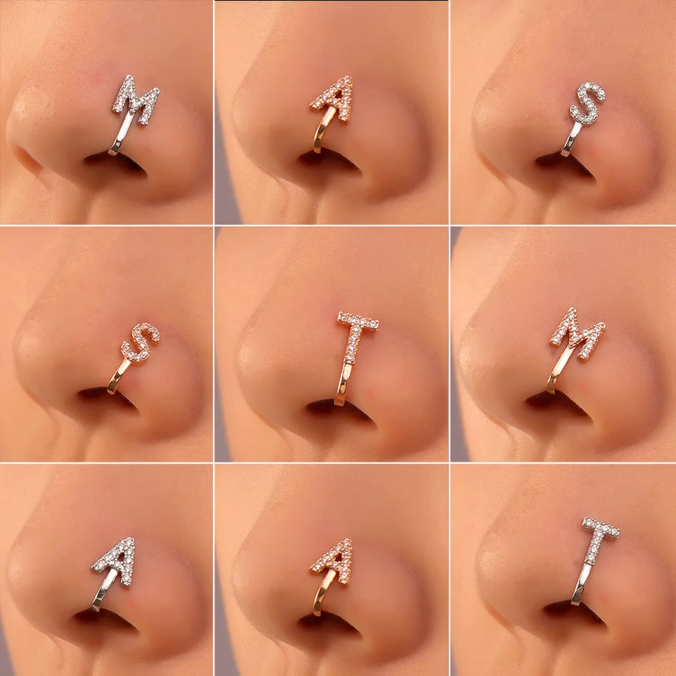 Ženy Abcdefms TZ Crystal Letter Crystal Nose Clip Ring Falošný septum Piering Body Jewelry Non Perforation Nose Ring Stud
