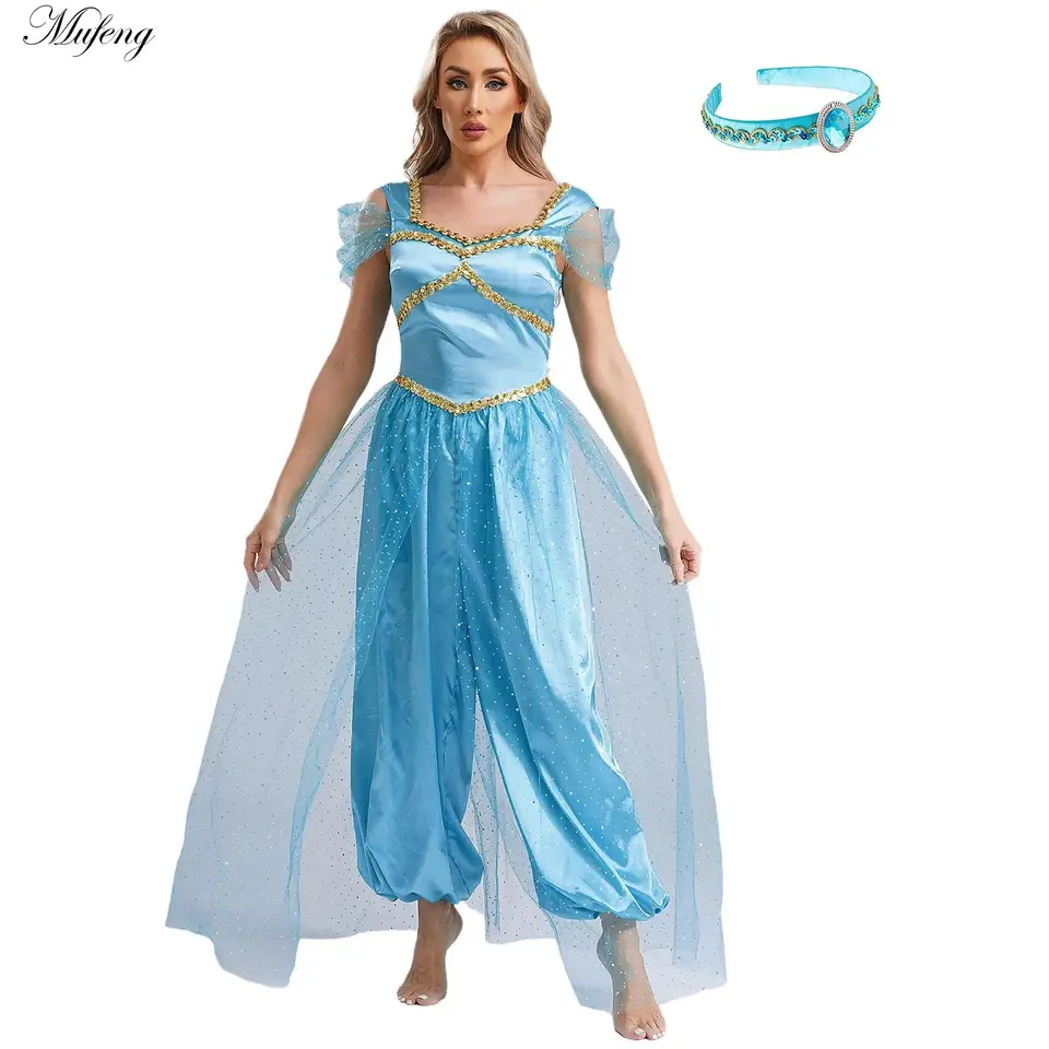 Ženy arabská princezná cosplay kombinézy belly tanečný kostým Flitrové tekvicové nohavice Tulle Romper čelenka čepeľ