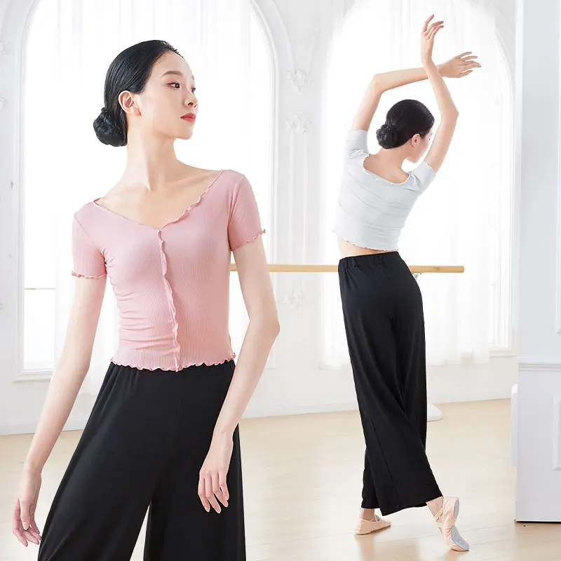 Ženy baletné topánky s krátkym rukávom zvlnené tanečné plodiny Tops Dospelí Dance košeľa baletné tréningy kostýmy dámske tanečné topy