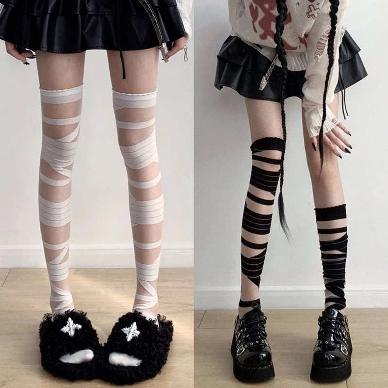 Ženy Bandage Stripe dlhé pančuchy Žena japonská lolita jk y2k sexy letný kríž dlhé pančuchy dlhé trubice biele pančuchy