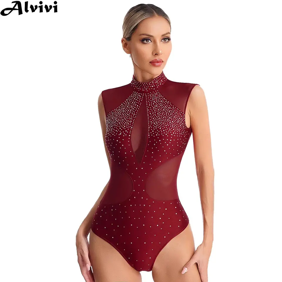 Ženy bez rukávov lesklé kamienky číre sieťové krasokorčuľovanie Bodysuit Gymnastika akrobacia baletný tanec
