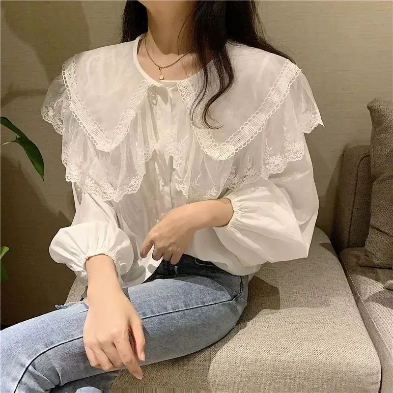 Ženy blúzka fanúšik col claudine top s dlhým rukávom čipkarom košeľa blusas ropa de mujer