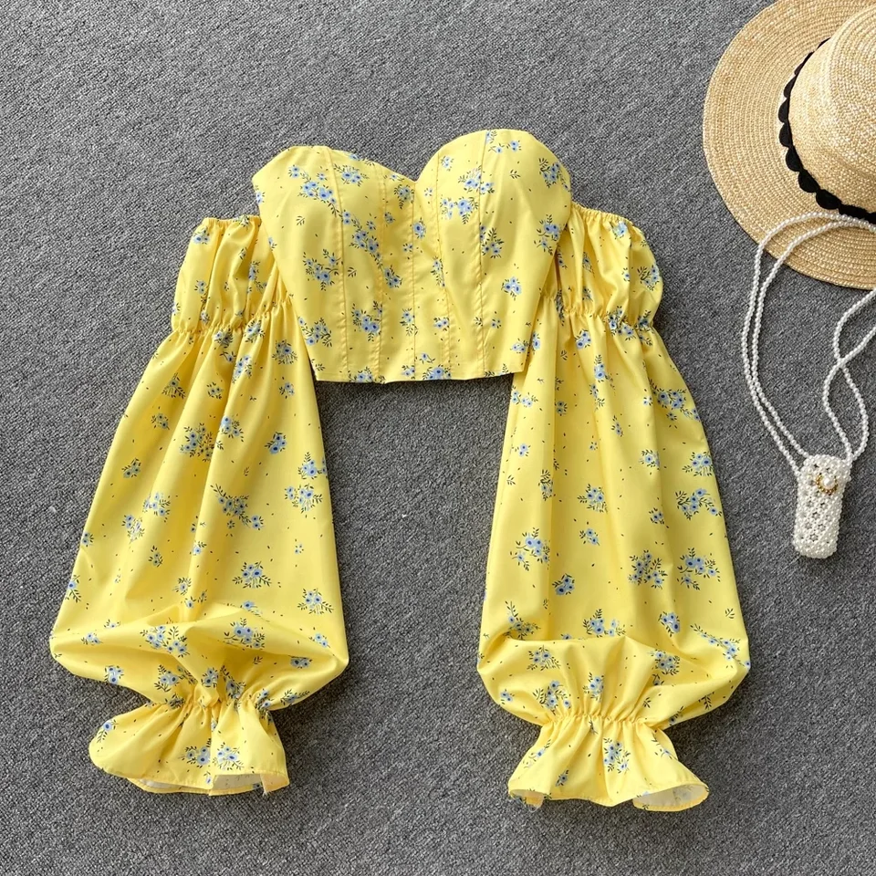 Ženy boho kvetinová blúzka francúzsky čipkovaný štvorcový obojok Puff Ruckve Slim Lubles Tops Jeseň Kórejské elastické blúzky