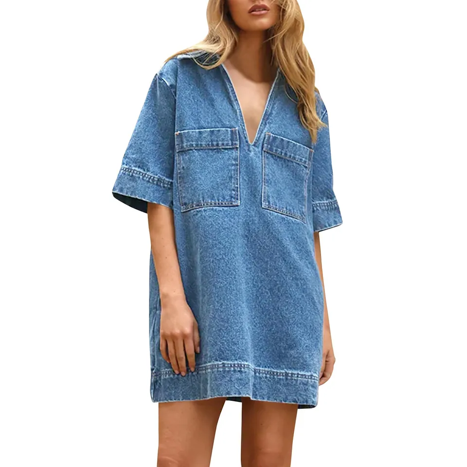 Ženy bočné vrecko Denim šaty klošné jednostranné svetové šaty Príležitostné streetwear Žena s krátkym rukávom voľné šaty