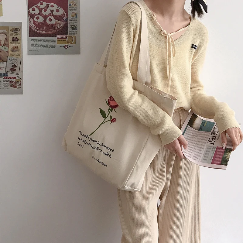 Ženy Canvas rameno taška Jean-Paul sartre ružová výšivka nákupná taška bavlnená handrička kabelka Tote Books pre vysoké školy dievčat