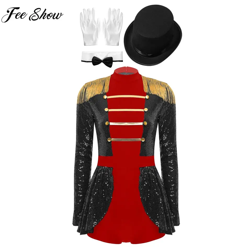 Ženy Circus Ringmaster Kúzelník Cosplay kostým Flitry BodySuit s rukavicami na klobúku nastavené na Halloween karneval