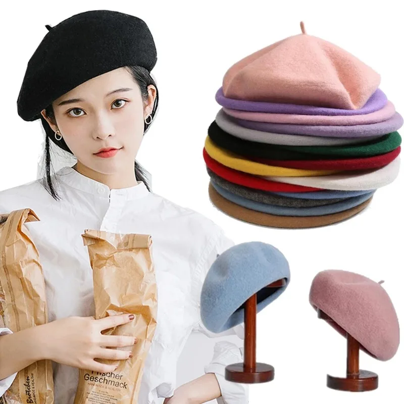 Ženy dievča baret francúzsky umelec Teplá vlna Zimná čiapka čiapka čiapka Vintage Plain Beret Hats Slid Color Elegantné zimné čiapky Lady