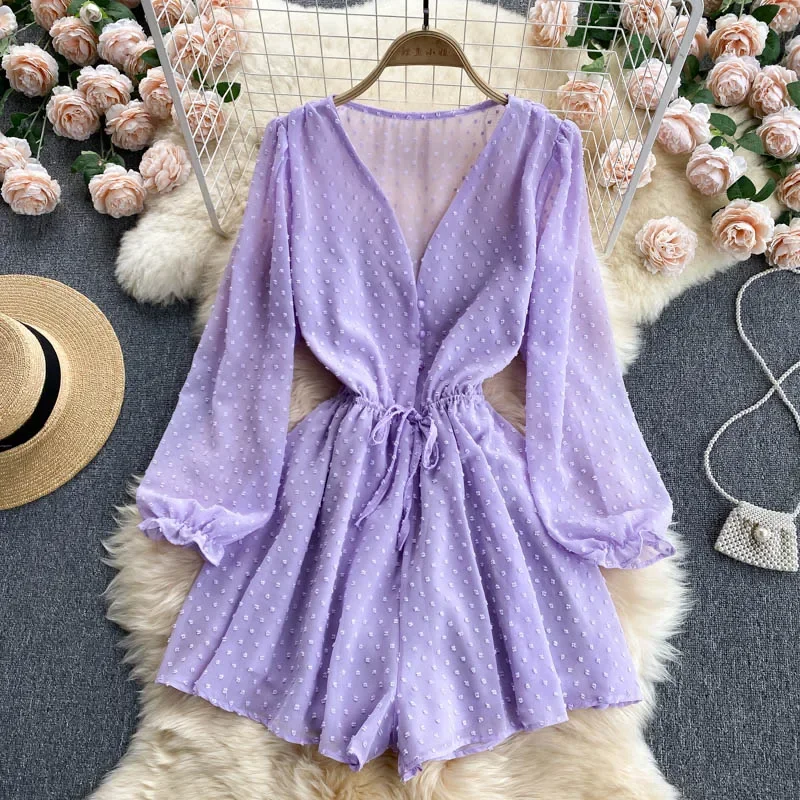 Ženy Dot Chiffon Rompers s dlhým rukávom v krk neformálne voľné kombinézy kombinézy leto Kórejská široká šírka pláž pláž