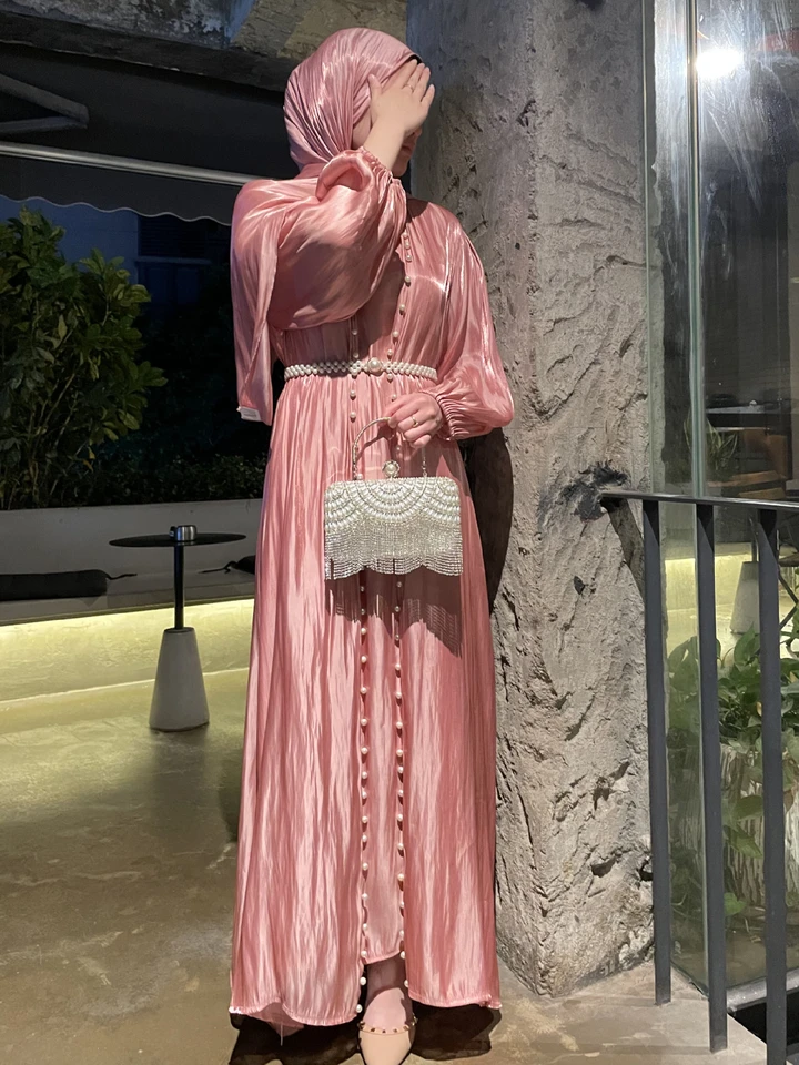 Ženy eid moslim abaya 3 kusová súprava so šatkou lampa s nádhernými párty šaty perly pásový opasok dlhé rúcho abayas kaftan vitidos