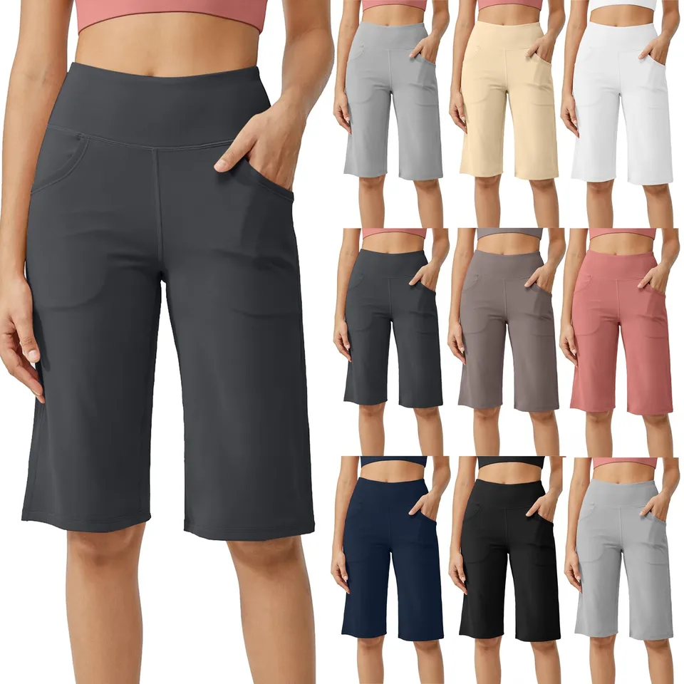 Ženy elastické vysoký pás Cast Active Fit Wide Capris nohavice nohavice jogy legíny mäkká telocvičňa dĺžka kolena s vreckami
