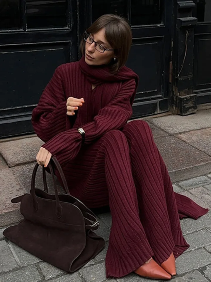 Ženy elegantné burgundské pletené priame midi sukňa sada ležérne voľný rolák s dlhým rukávom Tops oblek 2024 New Lady High Streetwear