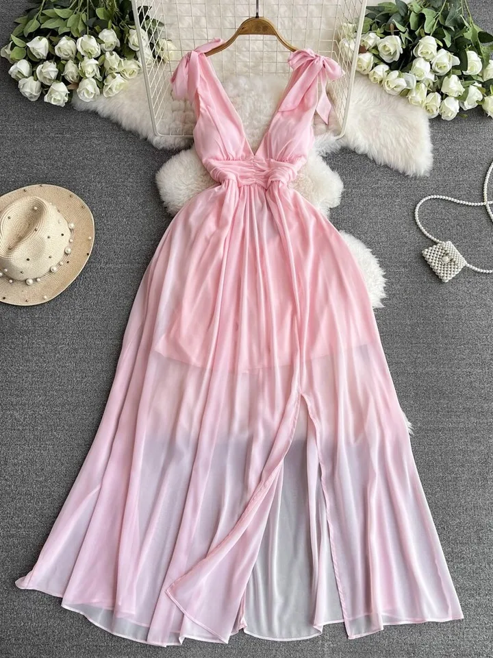 Ženy Elegantné ružové párty šaty sexy visk visiace krk bez krku split A-line šifónové šaty Dámy Vintage Solid Long Rúch