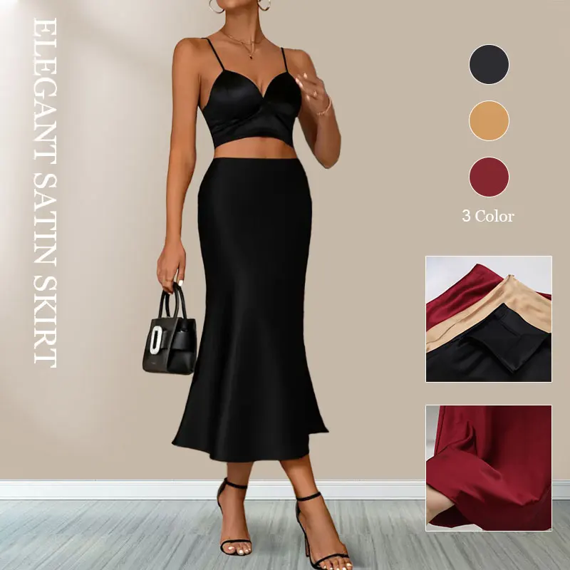 Ženy Elegantné saténové čierne trúbka sukňa Slid s vysokým pásom Slim Maxi Long Hip sukňa pre jeseň letné letné saténové pláž neformálne