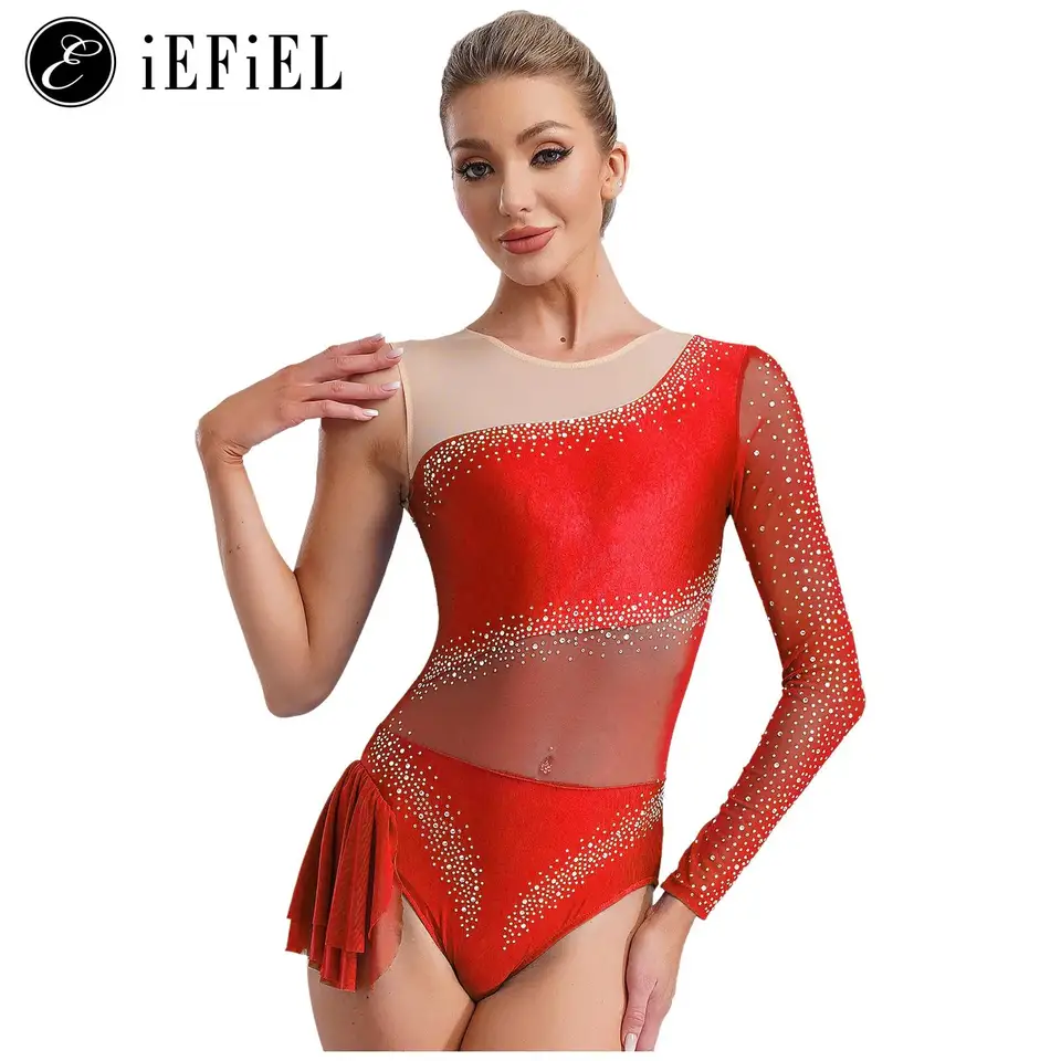 Ženy Farfing Ice Corjuce Dance kostým One sieťoviny s dlhým rukávom Gymnastika trikoty sukne lyrické tanečné šaty Dancer Bodysuits