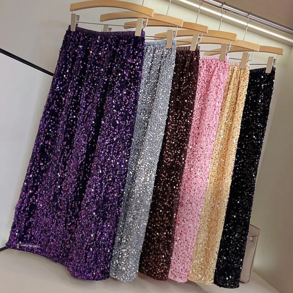 Ženy Flitrová sukňa S pevná farba vysoký pás Velvet midi sukňa Elegantná rovná fit šumivá sukňa pre večierok Dámske oblečenie