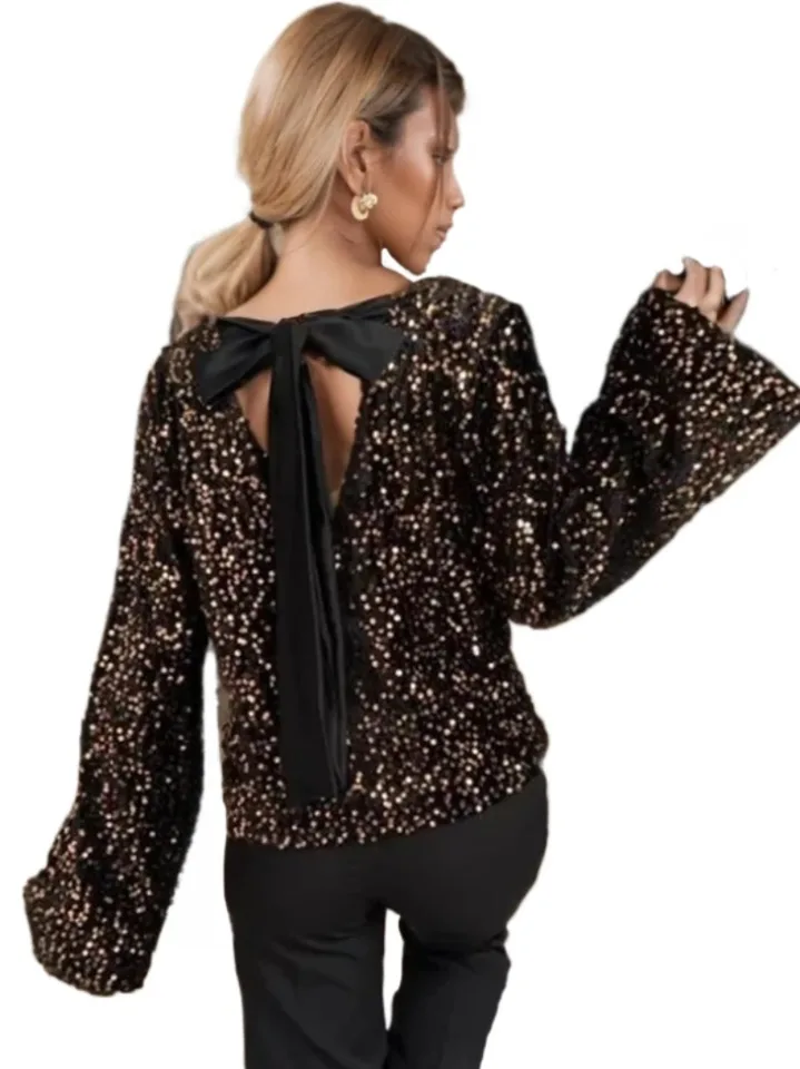 Ženy Flowin Backless Lace-up s dlhým rukávom Flash košeľa blúzka pre jeseň New Fashion Loose Crewneck Party Sexy základné topy košele