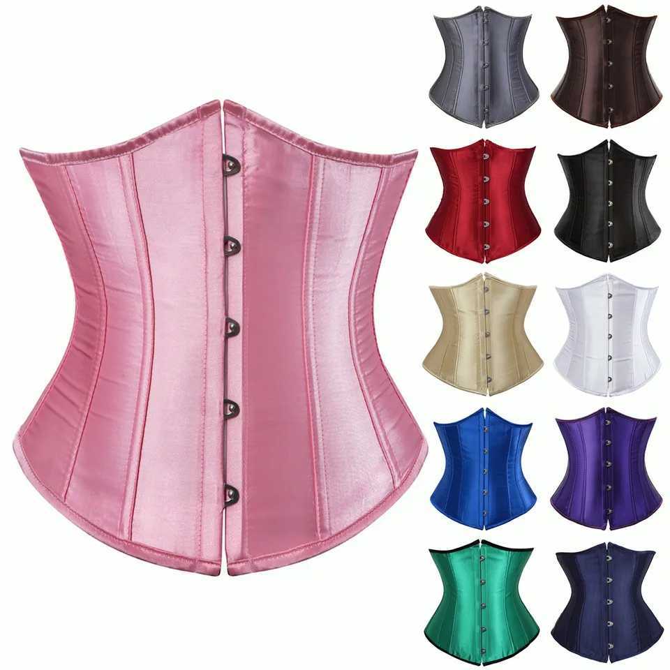 Ženy gotické sexy saténové podsúvacie korzet bustier pás Cincher Zlimovanie tela shaper corselete spodná bielizeň plus veľkosti party clubwear