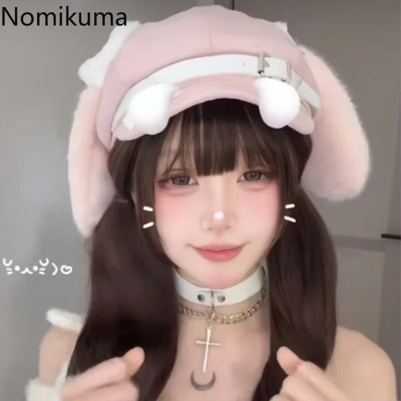 Ženy harajuku gotické čiapky y2k dievčatá japonské roztomilé dámy Octagonal Hat Dog Ears Dog Bone Streetwear Gothic Fashion Beret Hat