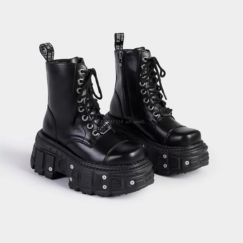 Ženy hrubé solované čipky na krátky topánky punk kožené motocykle topánky kovové nity 8 cm päty Čierne členkové topánky veľkej veľkosti 43
