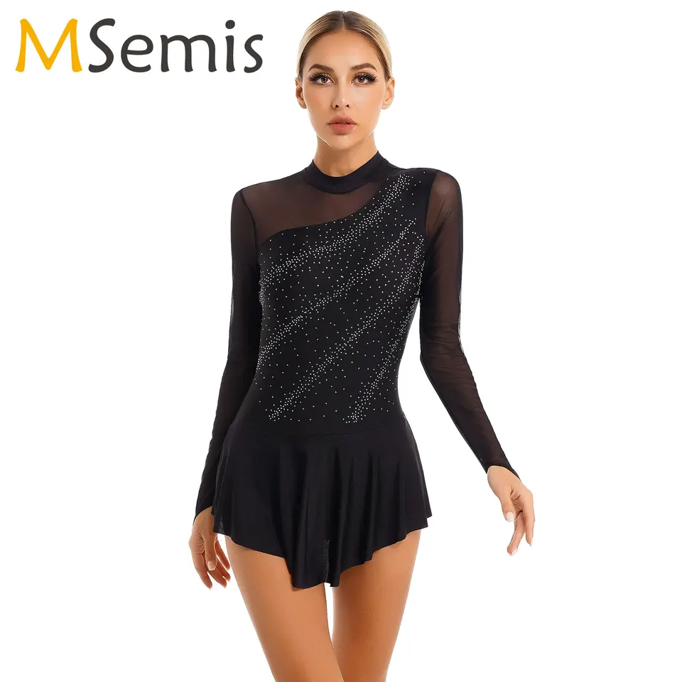 Ženy iskrivý kamienok Gymnastika trikoty na ľadové korčuľovanie šaty s dlhým rukávom Baletné šaty pódium Performance Performance Dancewear Costum