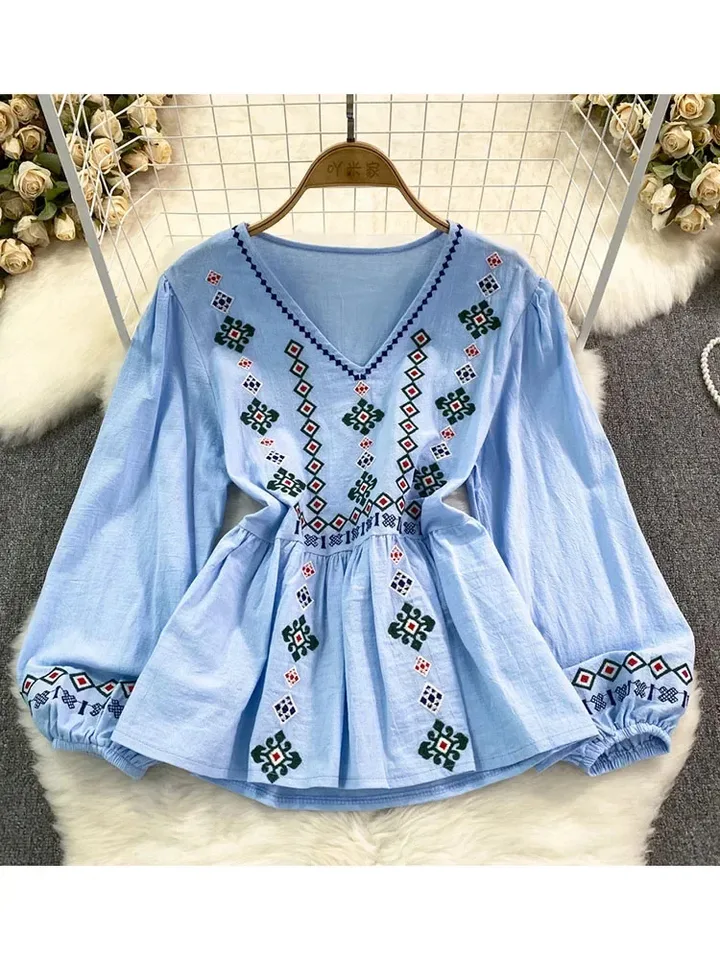 Ženy jar jesenná blúzka Vintage etnický štýl výšivok V-krčierového vylučovača voľný pás bavlnený bielizeň tričko Top D5048