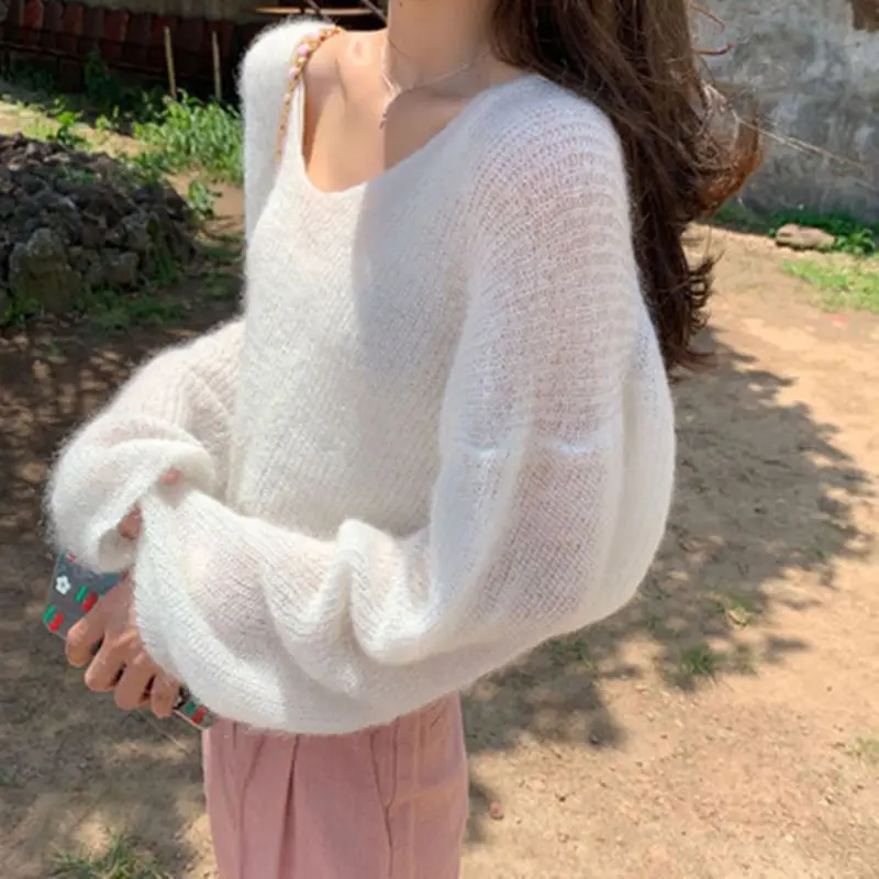 Ženy jar jesenné Mohair Pullover Solid Color V Collar Sweet Loose Dlhý rukávy pletený sveter