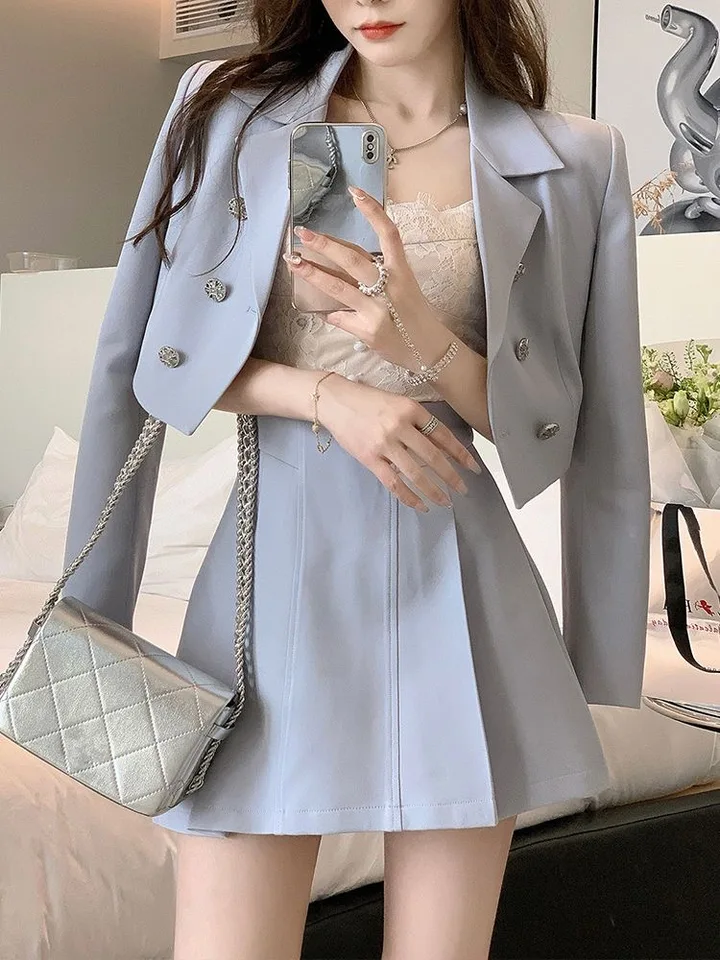 Ženy jarné leto krátke blazers mini sukne s dvoma kusmi 2024 Kórejský preppy štýl Blue Suck bunda A-line sukne súpravy oblečenia