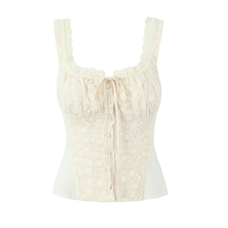 Ženy Jean Vintage Cream Broderie Anglais peplum top