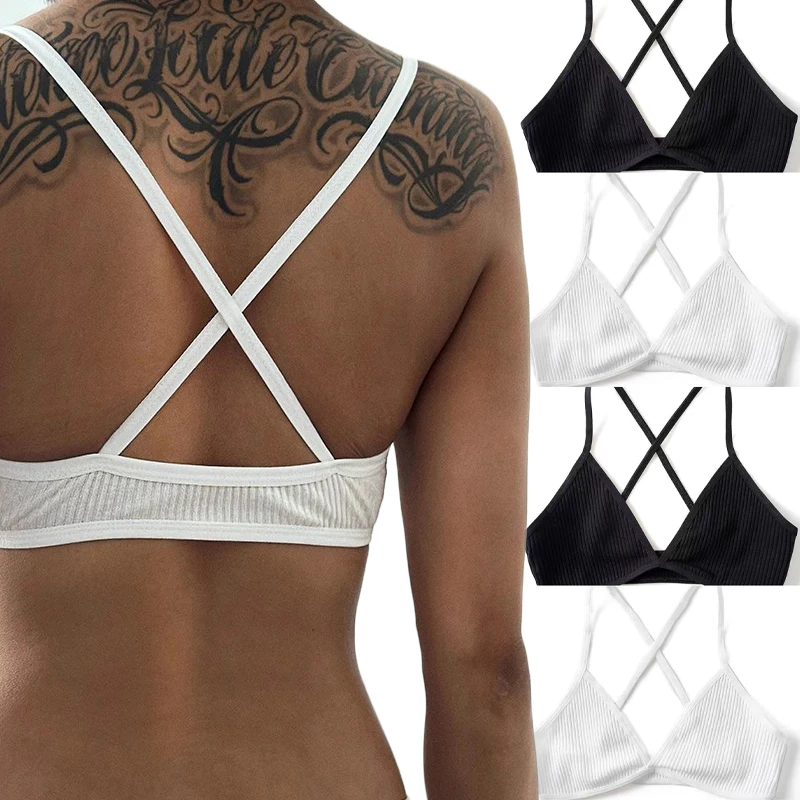 Ženy jednoduché športové podprsenky Comfort Cotton Bras pre ženy tenký francúzsky štýl Bralette Sexy Deep V Triangle Cup Cross Top podprsenka jogy telocvičňa