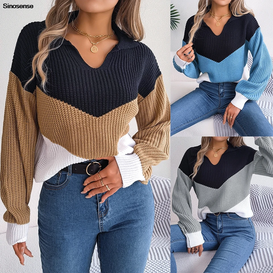 Ženy jesenné zimné kábel pletený sveter Fall móda dlhý rukáv otáčanie goliera farebný blok pruhovaný pullover pletená skokan