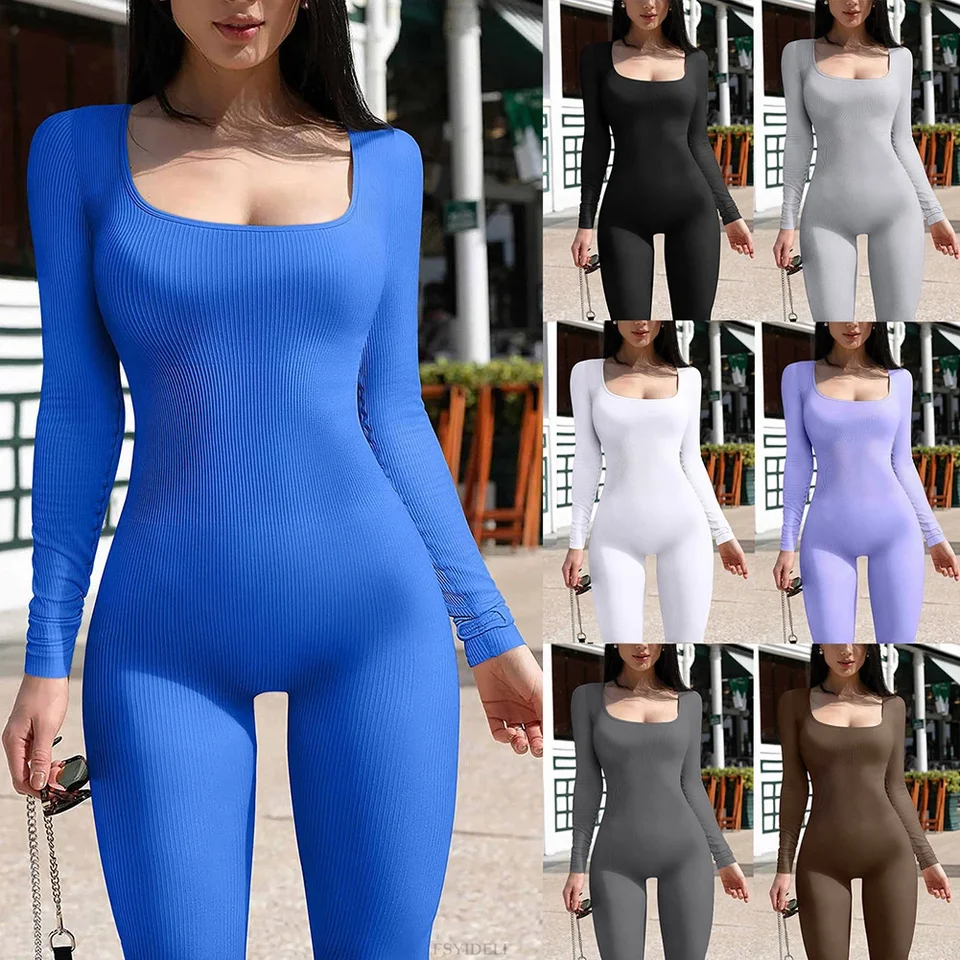 Ženy jogy kombinézy Jeden kus tréningu rebrované rebrí s dlhým rukávom štvorcový krk Športové cvičebný cvičenie telocvične Sportswear