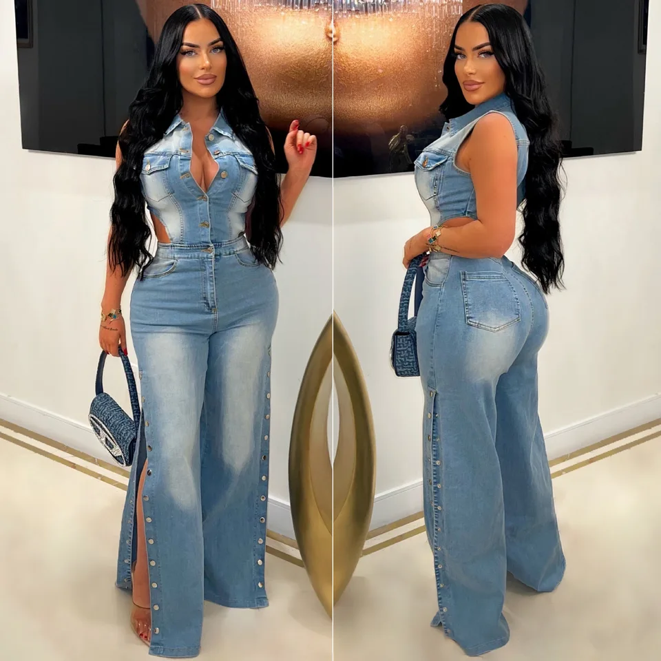 Ženy kombinézy Jeseň Sexy dutina out Slim Stretch Denim Wide Nohavky na nohavice kombinéza Príležitostný tesný pásový džínsový džíns