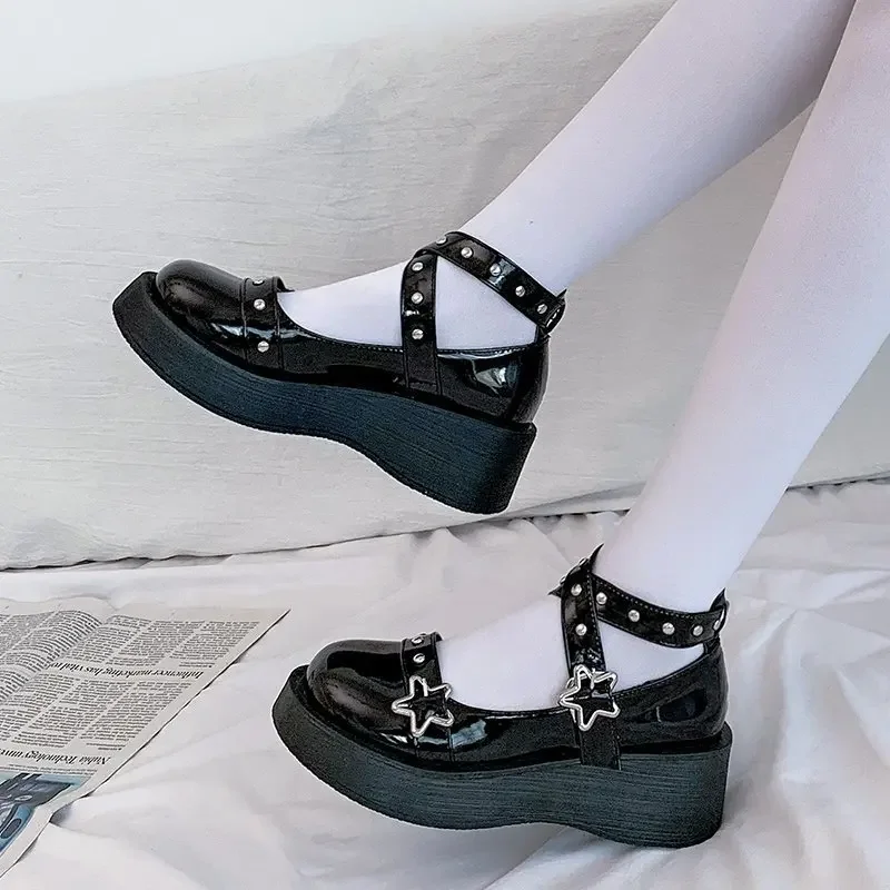 Ženy krížové dievčatá Nivet neformálne kawaii topánky lolita topánky Ženy Platforma Platforma Mary Janes Star Buckle remienok Mary Janes