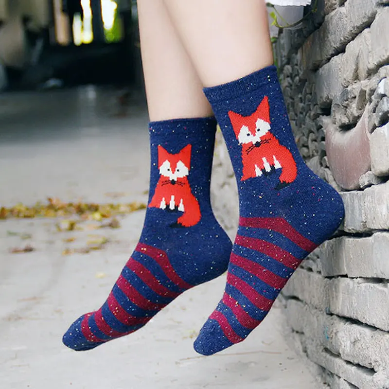 Ženy Kórejská bavlna hrubá vlnená ponožky Jeseň zima zima harajuku zvierací líška vlk pruhovaná značka Sox Krásne roztomilé Vianoce