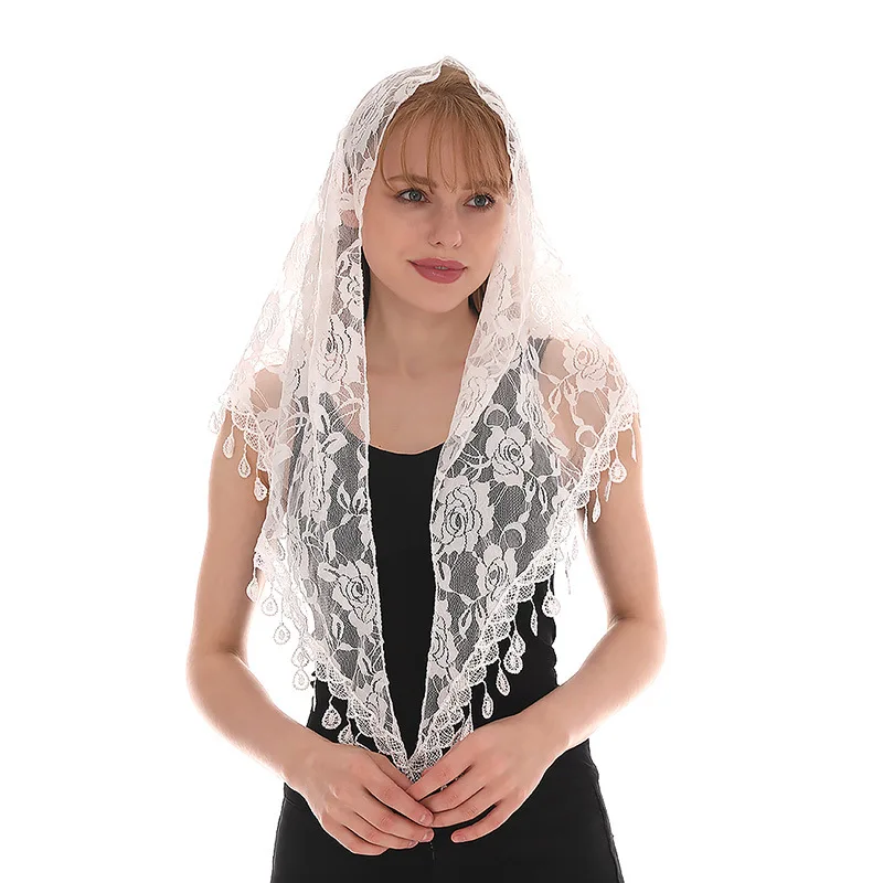 Ženy Lace Triangle Šatka pre kostol vyšívané šatky Tassel Church Shawl prívesok Španielsky čipk