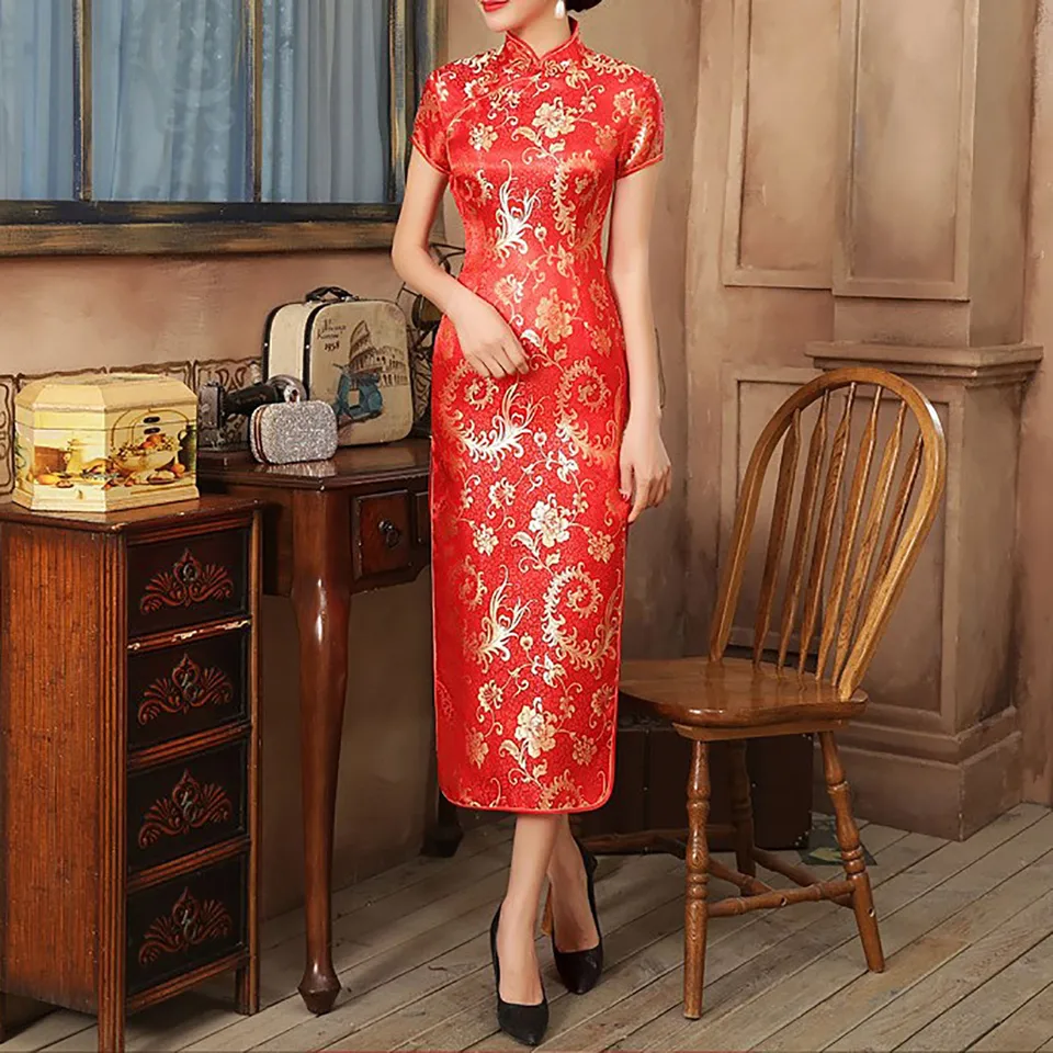 Ženy lacné a veľké veľkosti dlhé štíhle cheongsam qipao červené nevesty Svadobné šaty Formálne šaty vintage čínske tradičné šaty
