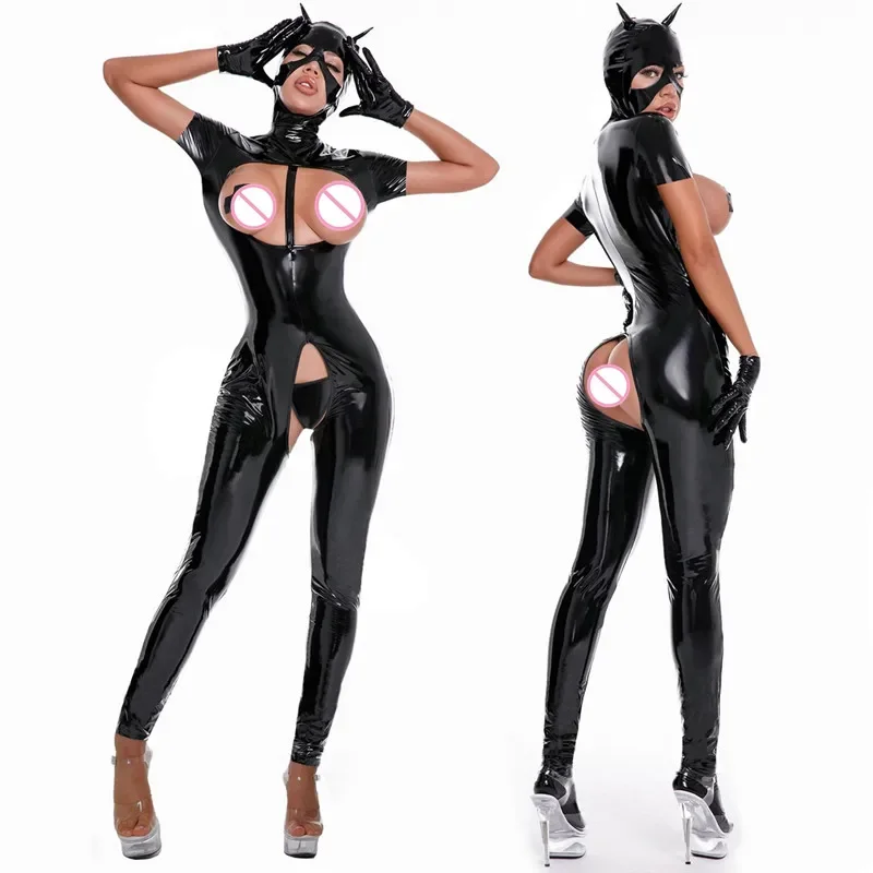 Ženy latexové patentové kožené kapsuty s maskou PVC kožené sexy exponované bradavky bez crott bez sexu