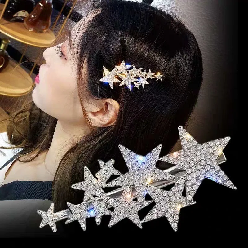 Ženy lesklé hviezdy kamienok vlásenky krištáľové vlasové svorky Barrette Slide Grips Bangs Clip Sweet Headwear Kórejské vlasové doplnky