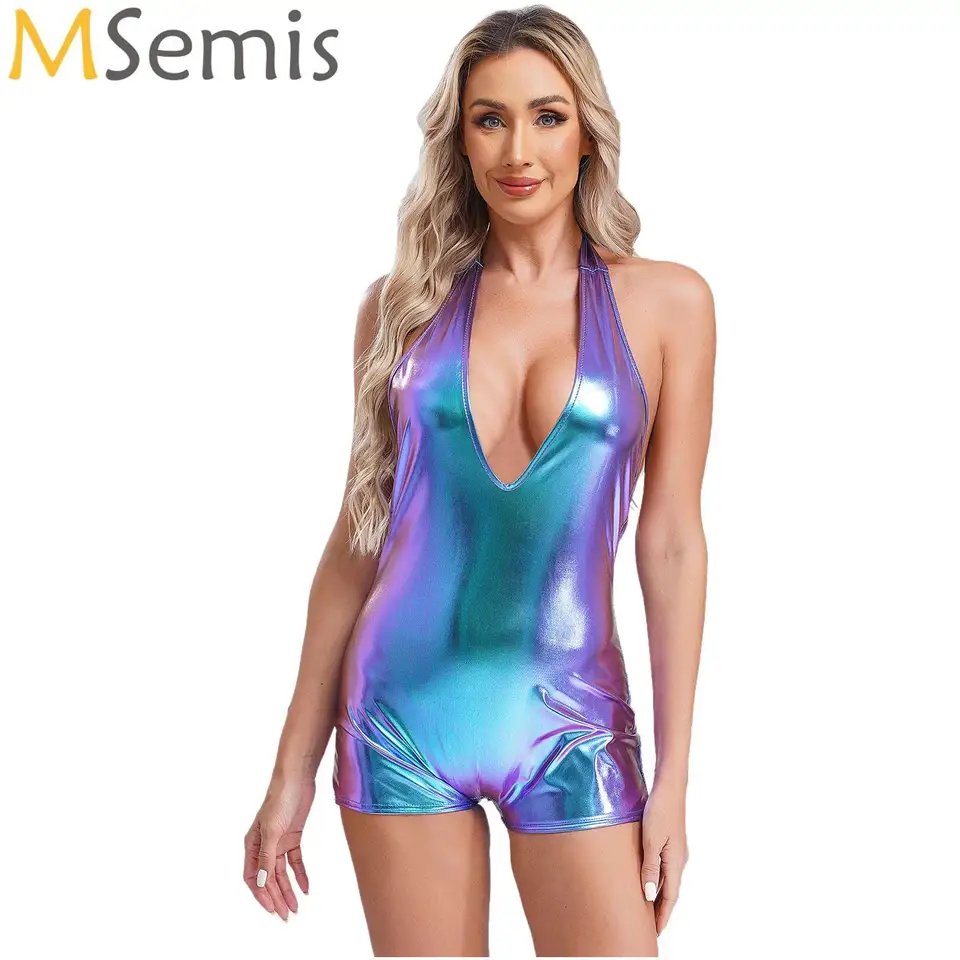 Ženy lesklé kovové športové kombinézy Plunging v krk bez rukávov Open Back Boycut BodySuit for Gym Yoga Pole Dance Party kostým